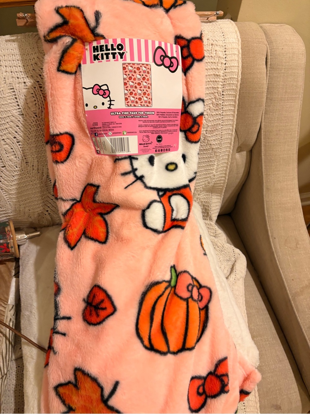 Hello Kitty Pink Orange Pumpkin Faux Fur Throw Blanket